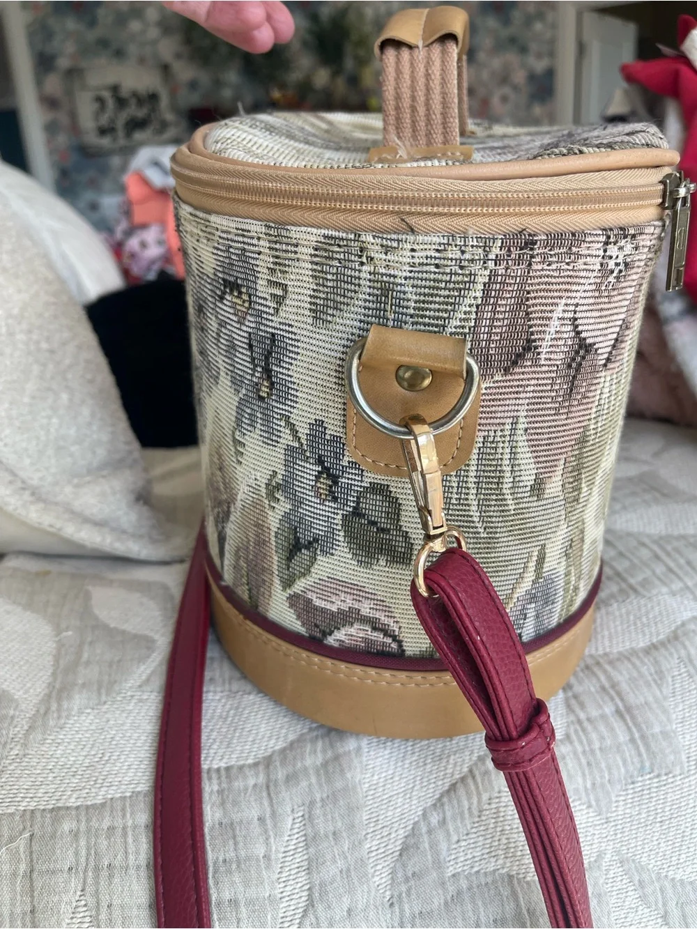 Vintage American Tourister Floral Tapestry Train Case in Beige